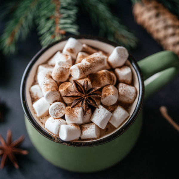 Green mug filled with hot chocolate, marshmallows, and star anise, surrounded by Christmas decorations.