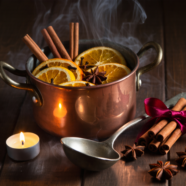 Copper pot with cinnamon sticks, oranges, and star anise on a wooden surface with a candle and spoon.