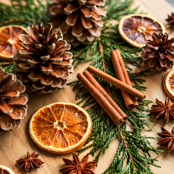 Decorative arrangement of pine cones, cinnamon sticks, dried oranges, and star anise on a wooden surface.