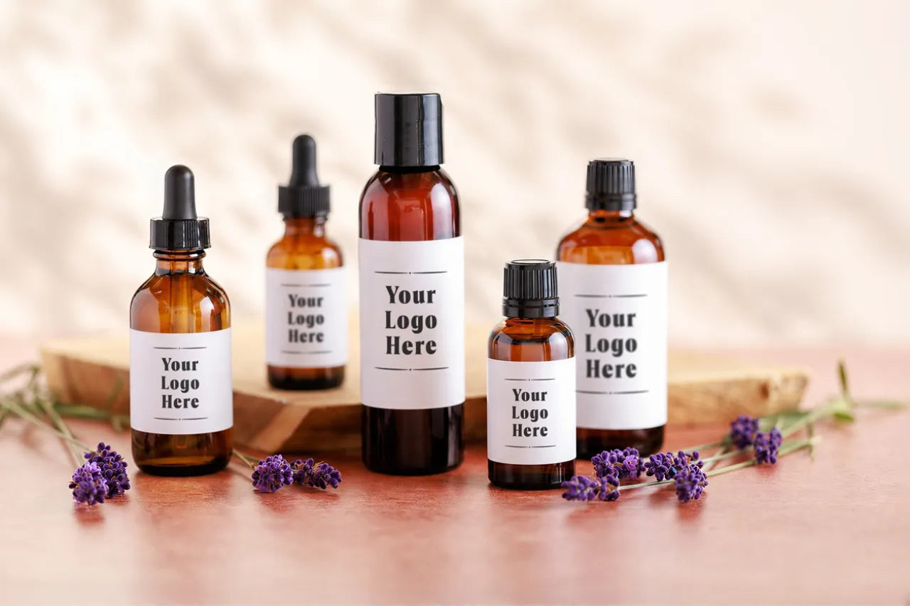 Custom essential oil bottles with branded labels
