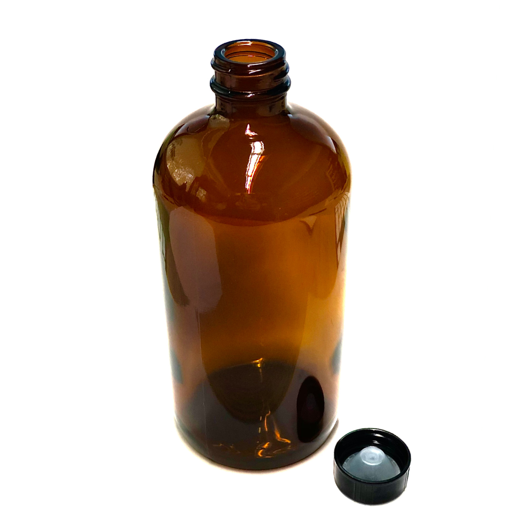 16OZ AMBER GLASS BOTTLE WITH BLACK PHENOLIC CAP 28/400